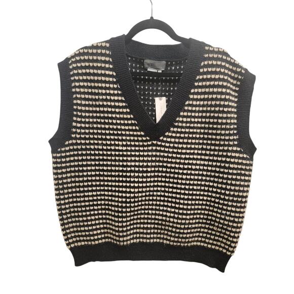 Anthropologie Vest Knit Pullover V-Neck Preppy Academia Black Cream Winter - Picture 1 of 10